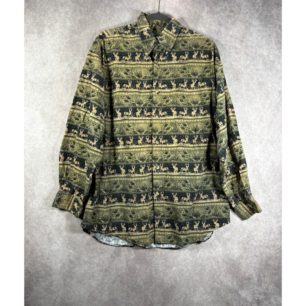 Field & Stream Button Down Shirt Mens L Green Deer Print Outdoor Hunting Cabin